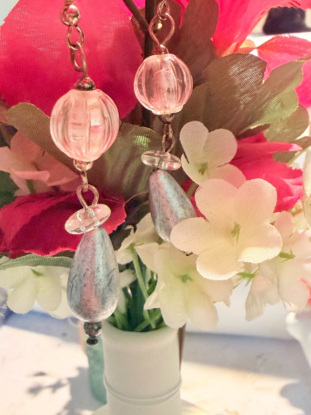 Handcrafted Pink and Silver Teardrop Dangle Earrings